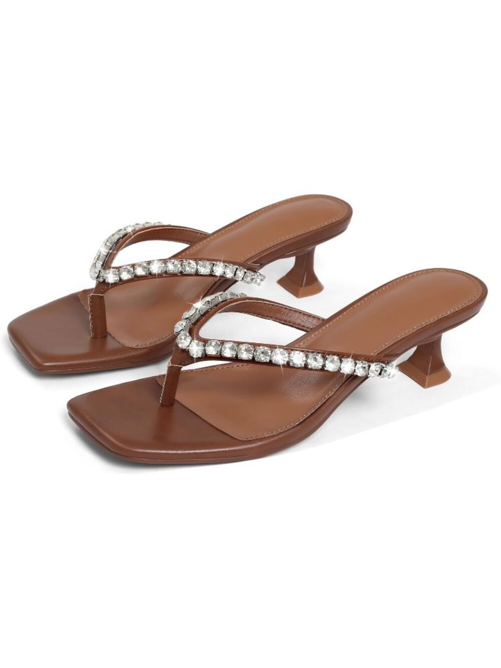 Women's Brown Rhinestone Kitten Square Toe Thong Slip On Heel Sandals